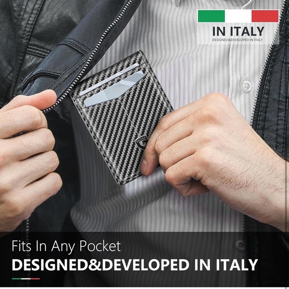 Leather Carbon Fiber RFID Blocking Minimalist Front Pocket Bifold with ID Window - Picture 3 of 6